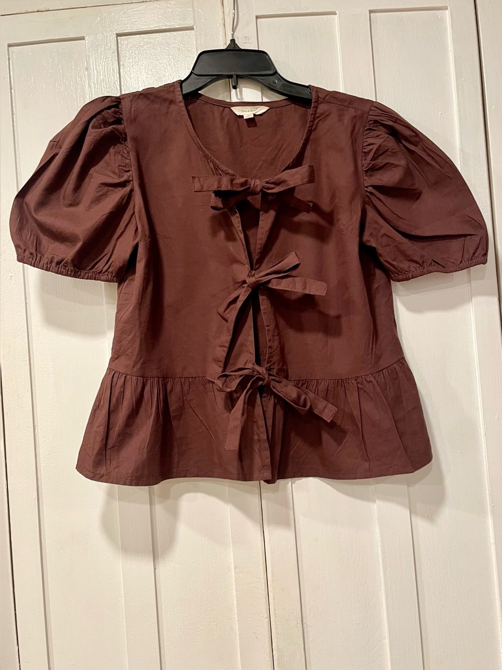 Sim & Sam Brown 100% Cotton Tie Front Puff Sleeve Top Small